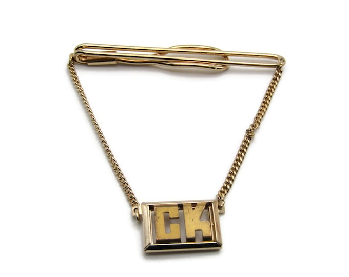 CK Initials Block Letters Monogram Tie Chain Gold Tone OPen Body Tie Clip Men's Jewelry