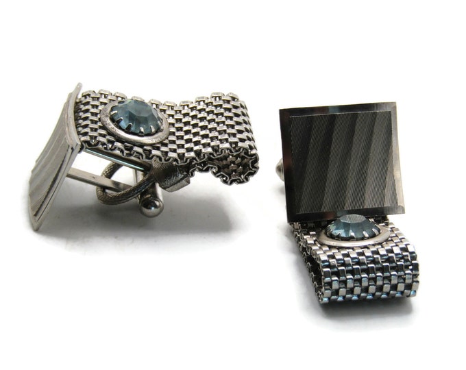 Square And Blue Rhinestone Inlay Chain Cuff Links Men's Jewelry Silver Tone