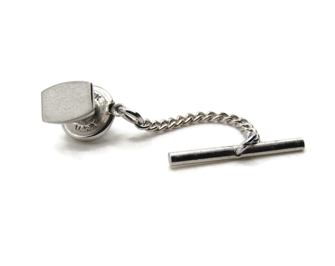 Rounded Rectangle Tie Pin And Chain Brushed Finish Men's Jewelry Silver Tone