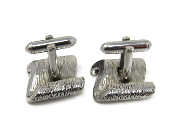 Vintage Silver Tone Cufflinks: Wood Texture Scrol… - image 4