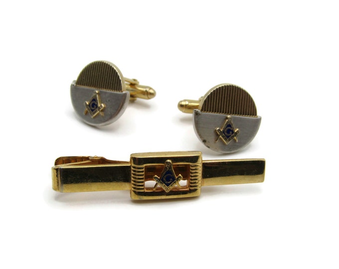 Masonic G Vintage Men's Jewelry Set: Tie Bar Cufflinks Gold Tone