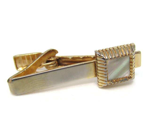 Mother of Pearl Square Tie Bar Clip Vintage Men's Jewelry Gold Tone Nice Design