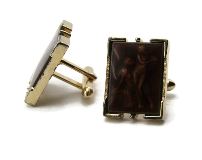 Brown Stone Lovers Portrait Cuff Links Men's Jewelry Gold Tone
