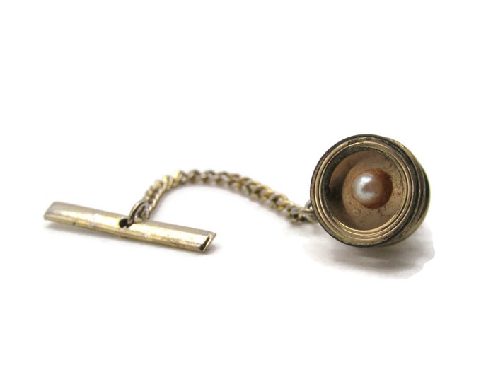 Round White Stone Inlay Tie Pin And Chain Men's Jewelry Gold Tone