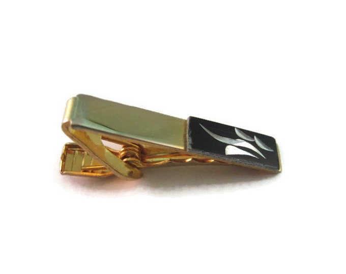 Vintage Men's Tie Bar Clip Jewelry: Gold Tone w/ Black & Silver Etch Design