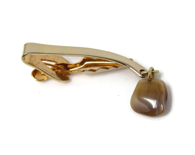 Vintage Tie Clip Tie Bar: Polished Stone Hanging Accent Design Nice Gold Tone