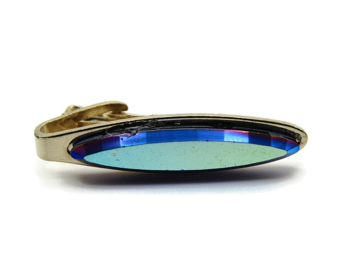 Oval Rainbow Stone Inlay Classic Design Modernist Gold Tone Tie Bar Tie Clip Men's Jewelry