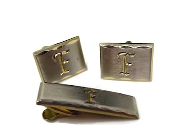 Vintage Mens Jewelry Set Tie Clip Cufflinks: Letter F Initials Beautiful Calligraphy Made in USA