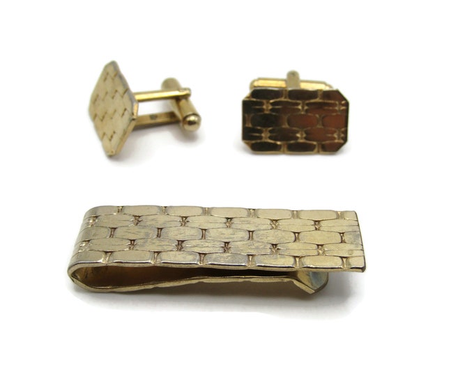 Vintage Men's Jewelry Set: Tie Bar Cufflinks Oval Pattern Design Gold Tone