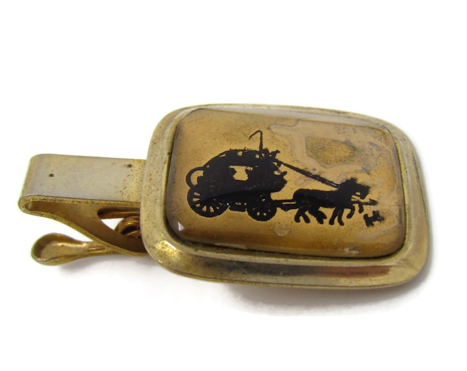 Horse & Carriage Tie Clip Men's Vintage Gold Tone Interesting Design