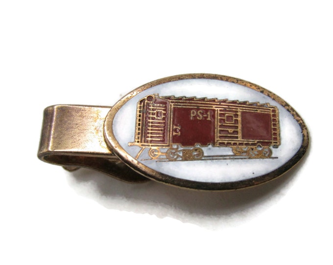 PS-1 White & Red Railcar Tie Clip Men's Jewelry Tie Bar Gold Tone