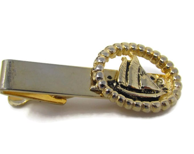 Sailboat Nautical Tie Clip Vintage Tie Bar: Rope Border Gold Tone