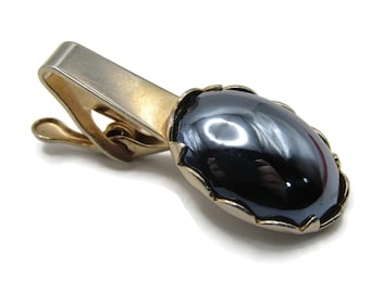 Black Stone Inlay Tie Clip Tie Bar Gold Tone Vintage Men's Jewelry