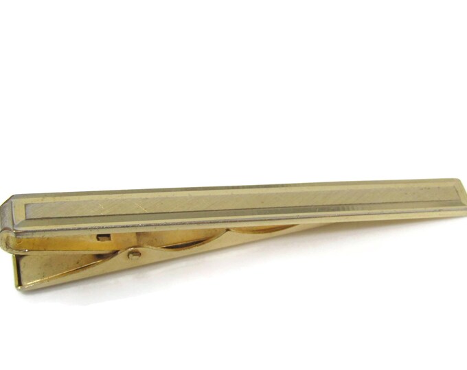Large Textured Center Smooth Border Tie Clip Bar Gold Tone Vintage Men's Jewelry Nice Design
