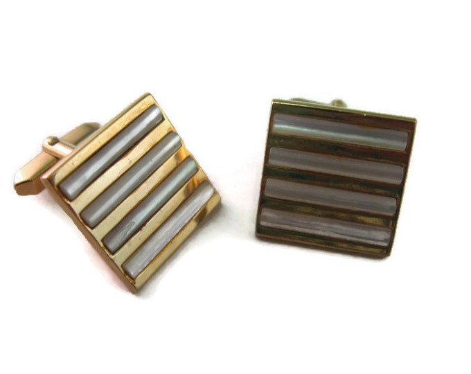 Vintage Cufflinks for Men: Striped White Opalescent Gold Tone Design