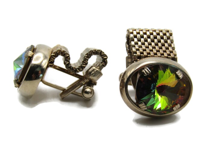 Multicolored Stone Inlay Oval Cuff Links Men's Jewelry Gold Tone