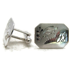 FP Engraved and Floral Motif Cuff Links Silver Tone Rectangles Men&#39;s Jewelry