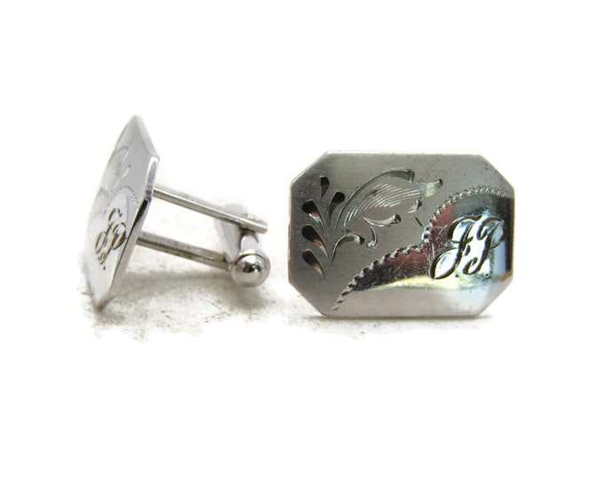 FP Engraved and Floral Motif Cuff Links Silver Tone Rectangles Men's Jewelry