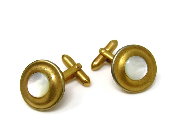 Vintage Cuff Links Cufflinks for Men Wrap Mother of Pearl Center Gold Tone Round