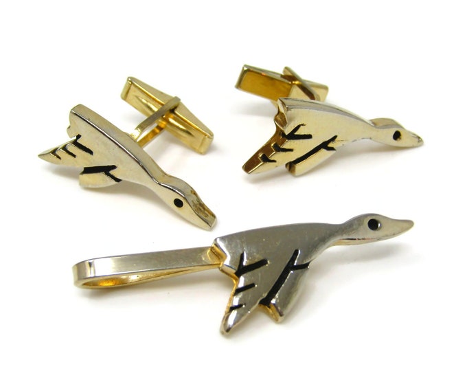 Flying Bird Cufflinks Tie Bar Jewelry Set Vintage Great Design Nice Quality Gold Tone