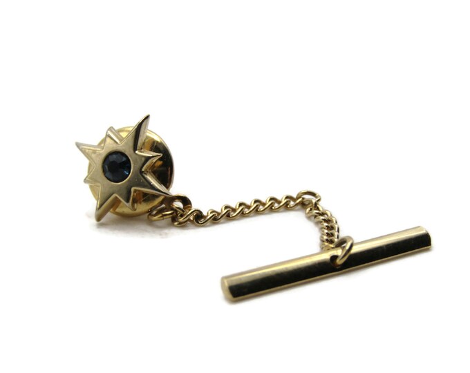 Blue Green Stone Inlay Star Tie Pin And Chain Men's Jewelry Gold Tone