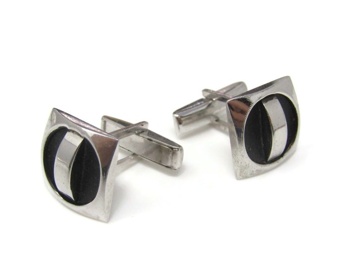 Vintage Cufflinks for Men: Modernist Industrial Design Silver Tone & Black