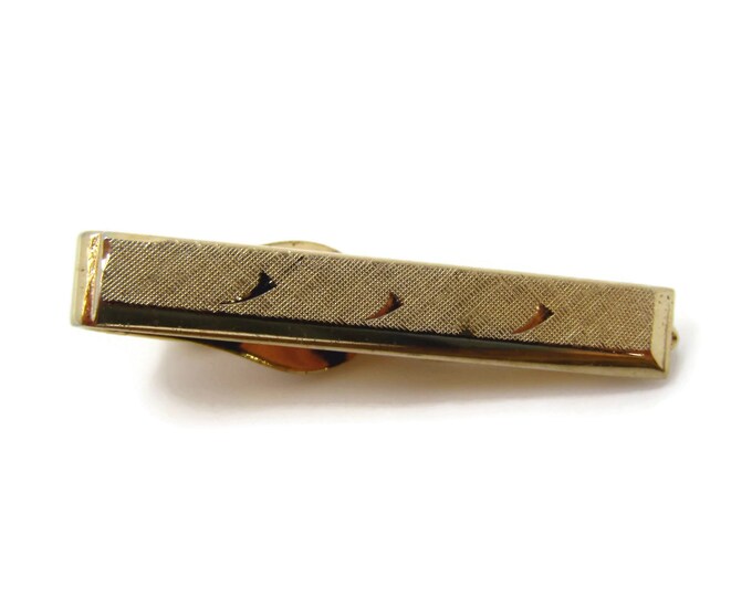 Vintage Tie Clip Tie Bar: Triple Etch Design Textured Gold Tone