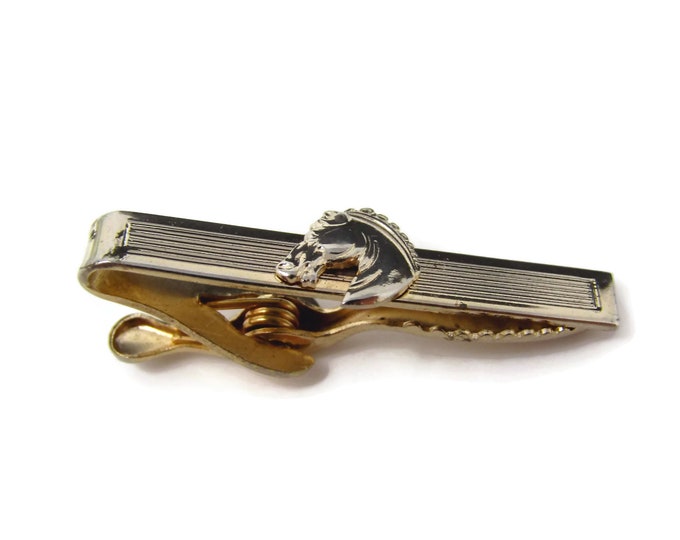 Vintage Tie Clip Tie Bar: Horse Head Accent Striped Gold Tone