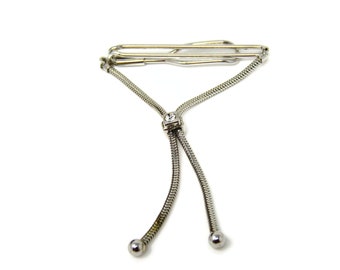 Clear Jewel Bolo Style Chain Tie Clip Men&#39;s Vintage Tie Bar Silver Tone Design