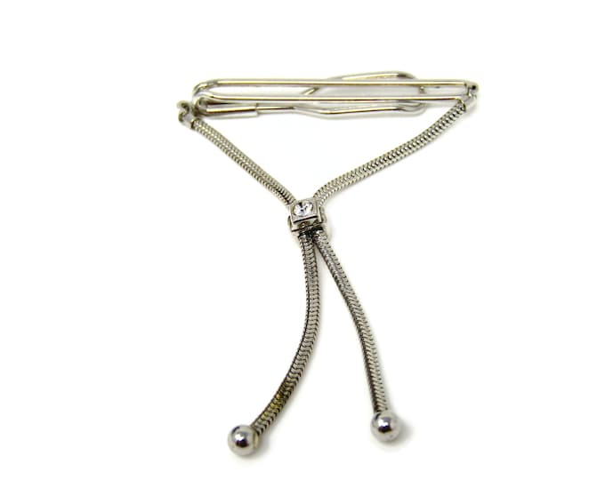 Clear Jewel Bolo Style Chain Tie Clip Men's Vintage Tie Bar Silver Tone Design