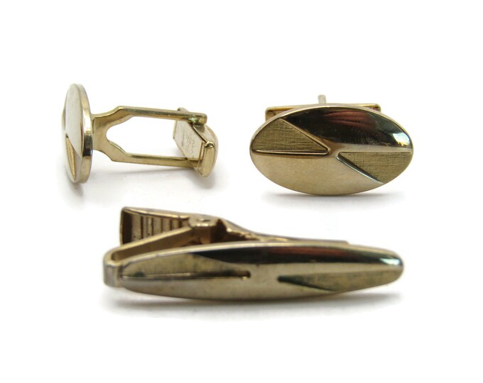 Triangle Patterns Tie Clip And Cuff Links Set Men's Jewelry Gold Tone