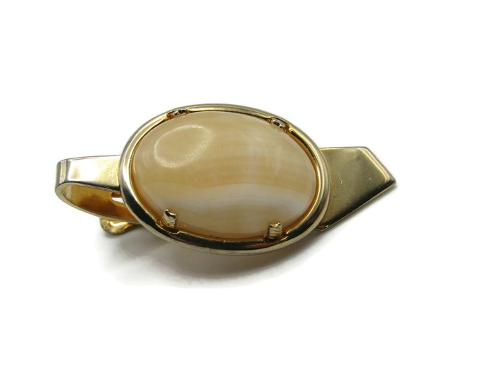 Round Cream & White Stone Inlay Gold Tone Tie Clip Tie Bar Men's Jewelry