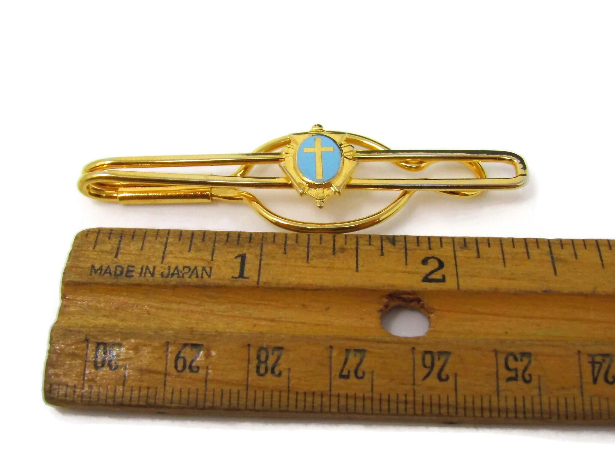 Vintage Tie Clip Tie Bar Christian Religious Cross Blue Enamel Design