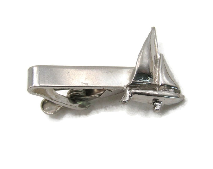 Sailboat Tie Clip Silver Tone Tie Bar Smooth Finish Men's Jewelry