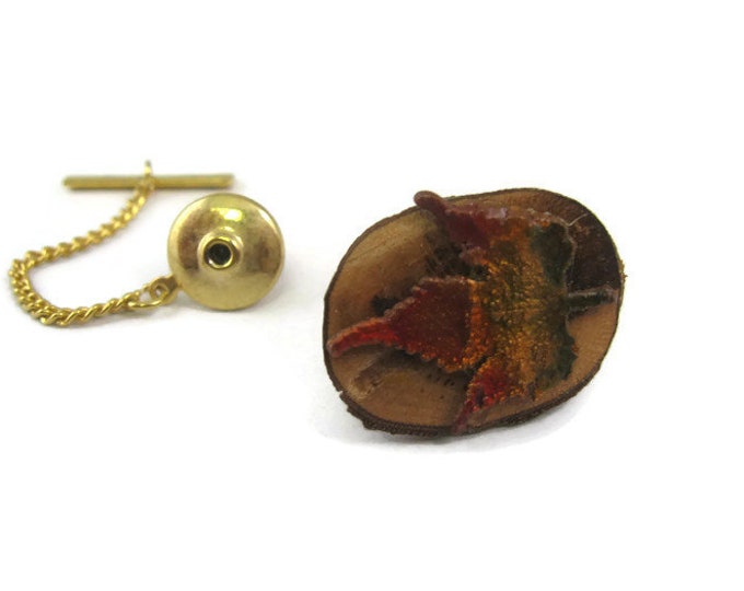 Vintage Tie Tack Pin: Leaf on Natural Wood Slice