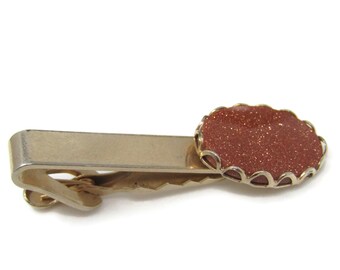 Vintage Gold Tone Tie Clip: Dark Orange Sparkle Oval Tie Bar