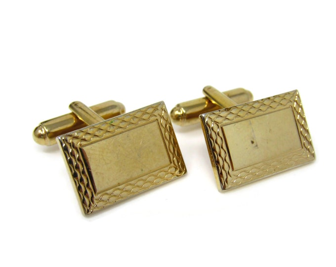 Vintage Cufflinks for Men: Gold Tone Rectangle Textured Border Smooth Center