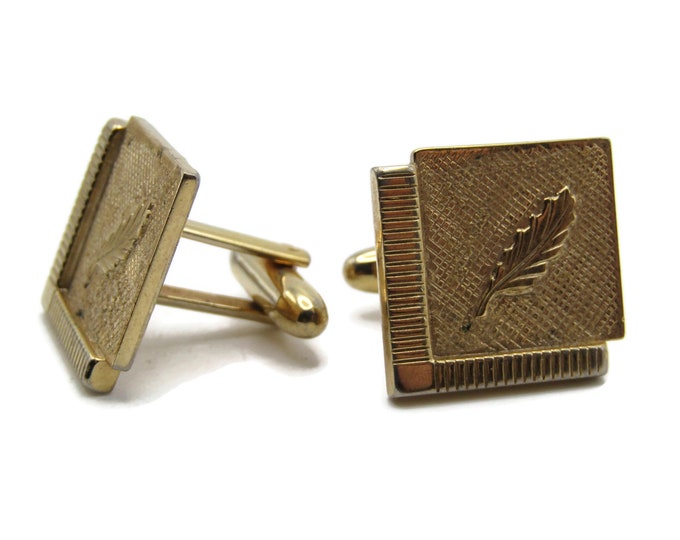 Cornered Textured Squares With Leaf Center Cuff Links Men's Jewelry Gold Tone