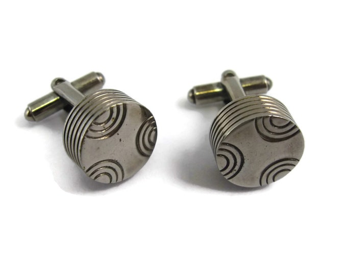 Vintage Cufflinks for Men: Round Fat Stacked Design Partial Circle Grooves Silver Tone Round