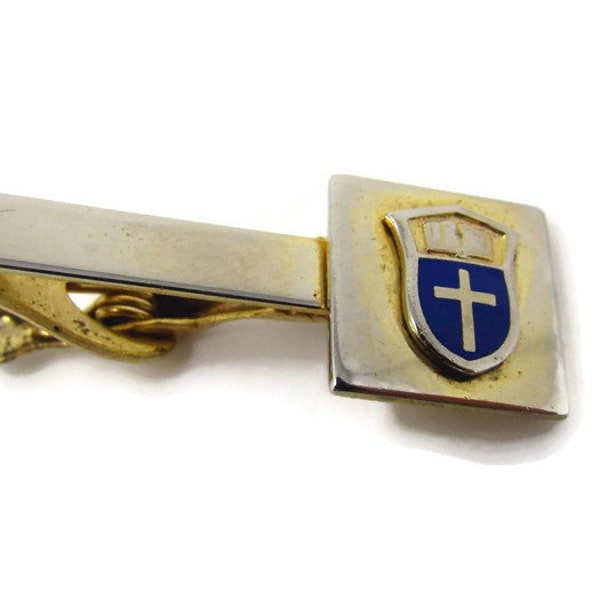 Religious Cross Tie Clip Vintage Tie Bar: Blue Enamel Shield Book Design