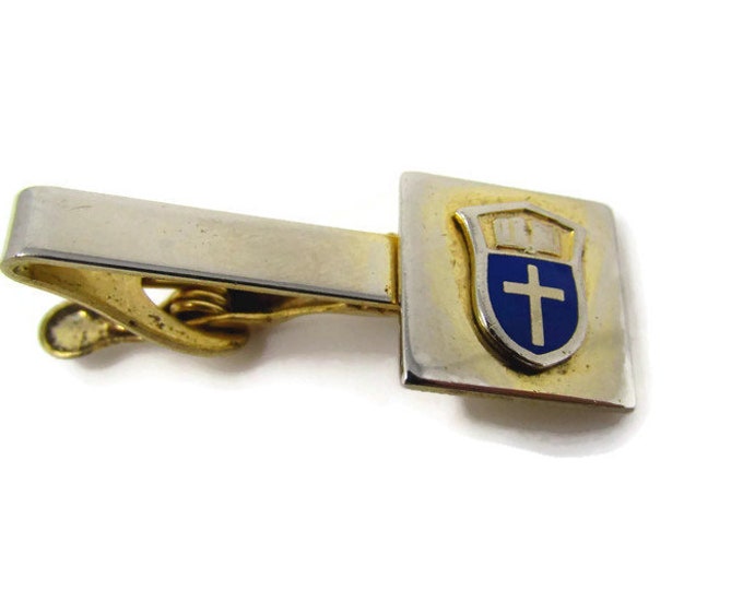 Religious Cross Tie Clip Vintage Tie Bar: Blue Enamel Shield Book Design