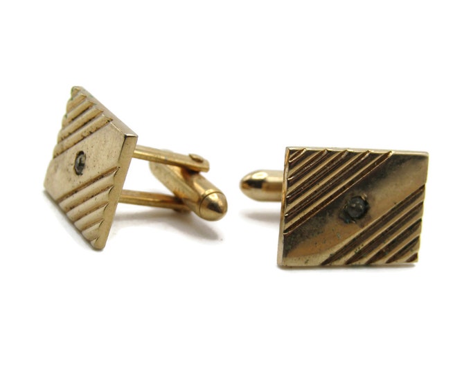 Rhinestone Inlay With Diagonal Lines Cuff Links Men's Jewelry Gold Tone