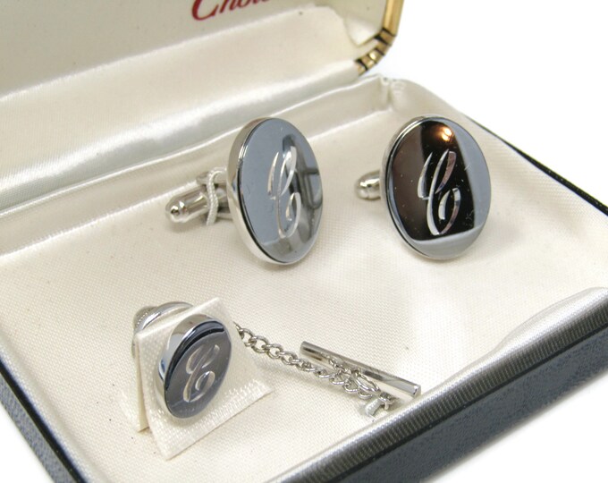 Letter C Initial Men's Jewelry Set Cufflinks Tie Tack Pin: Beautiful Vintage Silver Tone - Stand Out from the Crowd with Class