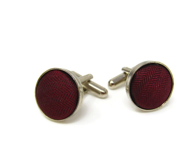 Red Fabric Cufflinks for Men Vintage Silver Tone Border