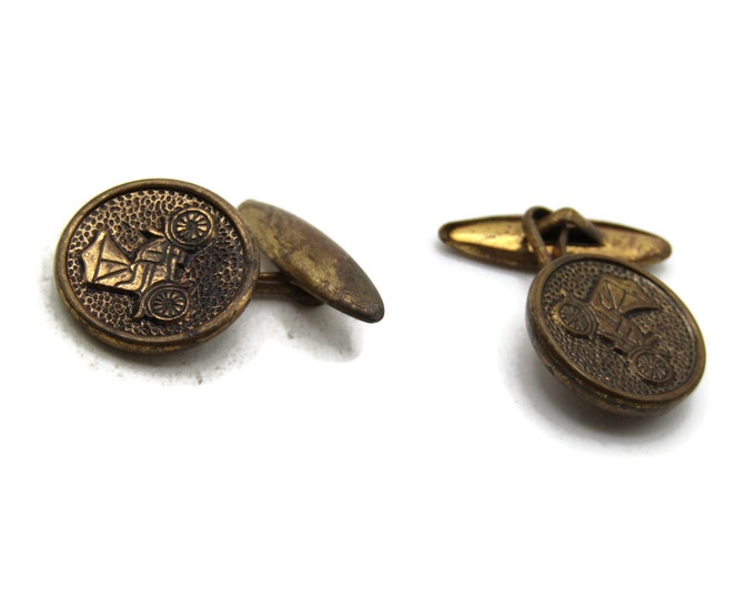 Carriage Car Cuff Links Gold Tone Circle Men's Jewelry