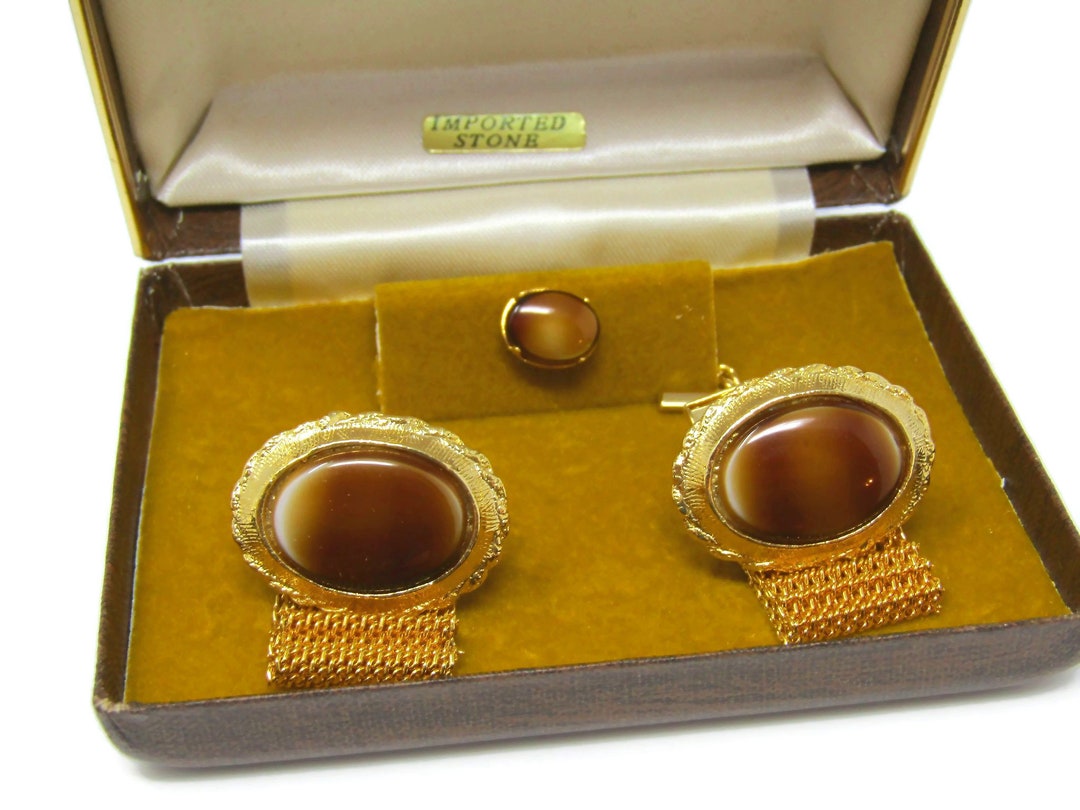 Men's Cufflinks and Tie Tack Pin Set Vintage Imported Stone Brown White Excellent Design High