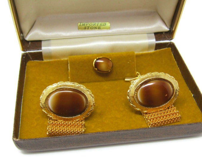 Men's Cufflinks and Tie Tack Pin Set Vintage Imported Stone Brown White Excellent Design High Quality