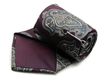 Purple And Blue Pasley Tie With Black Stone Shovel Pin Silver Tone