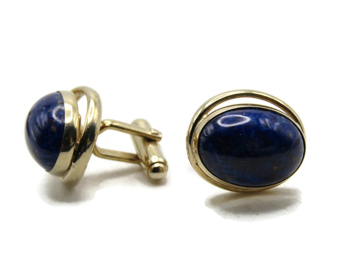 Oval Blue Stone Inlay Cuff Links Men's Jewelry Gold Tone