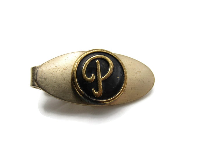 Oval P Letter Initial Monogram Black Background Modernist Gold Tone Tie Clip Tie Bar Men's Jewelry